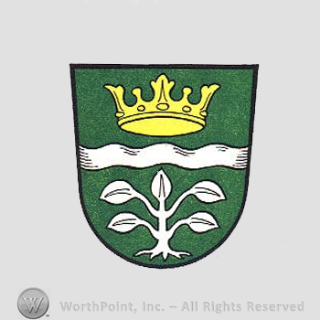 Heraldry: shield, crown, plant, waving line.