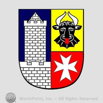 Heraldry: shield, bull head, maltese cross, castle tower.