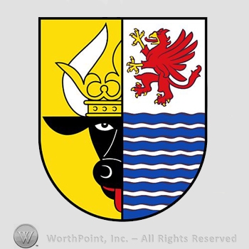 Heraldry: shield, bull head, eagle, waving lines.