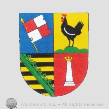 Heraldry: shield, flag, cock, pillar, crown, ring and crown bar, yellow and black lines.