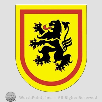 Heraldry: shield, lion rampant.