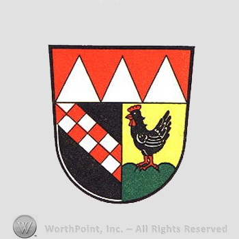 Heraldry: shield, cock, hills, dents, chequered bend.