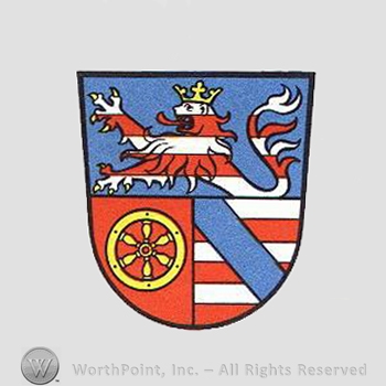 Heraldry: shield, lion rampant, wheel, red and white lines, blue bar, crown.