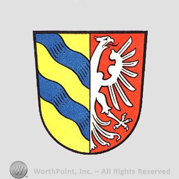 Heraldry: shield, eagle, waving lines.
