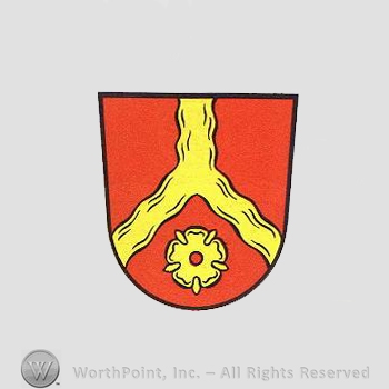 Heraldry: shield, rose, waving line.