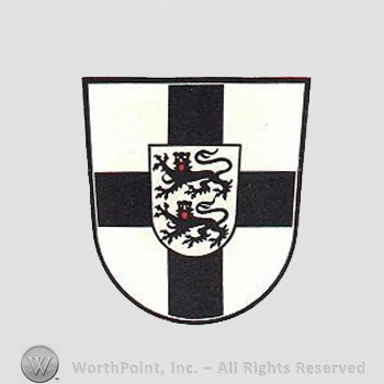 Heraldry: shield, cross, lions.