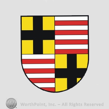 Heraldry: shield, crosses, red and white lines.