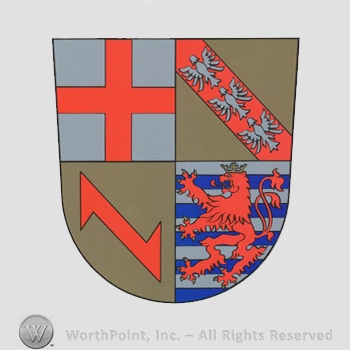 Heraldry: shield, cross, eagles, lion rampant, hook.