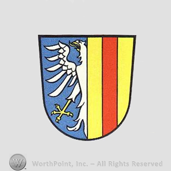 Heraldry: shield, eagle, red and yellow lines.