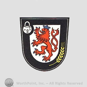 Heraldry: shield, lion rampant, lock, wheat spice.