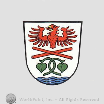 Heraldry: shield, eagle, sticks, leaves, waving lines.