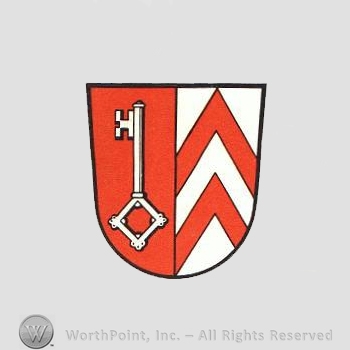Heraldry: shield, key, red lines.