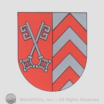 Heraldry: shield, keys, red lines.
