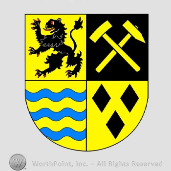 Heraldry: shield, lion, hammers, diamonds, waving lines.