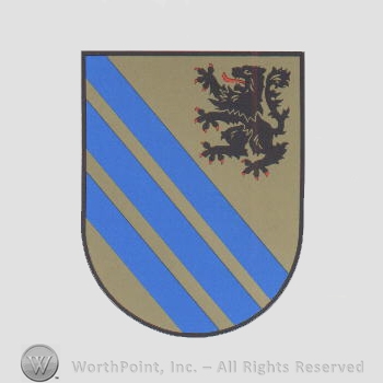 Heraldry: shield, blue lines, lion.