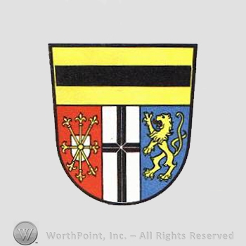 Heraldry: shield, cross, black line, lion rampant, small shield, fleur-de-lis.