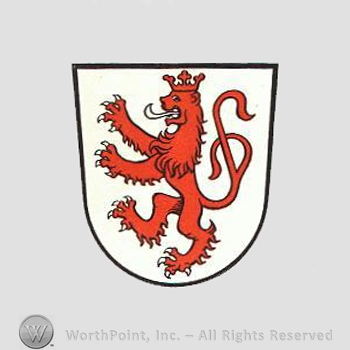 Heraldry: shield, lion, crown.