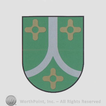 Heraldry: shield, three flowers, chevron.