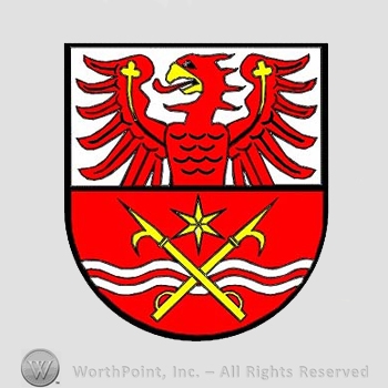 Heraldry: shield, eagle, star, waving lines, spears.