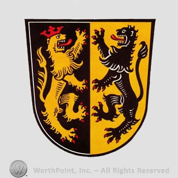 Heraldry: shield, lion, panther, crown.
