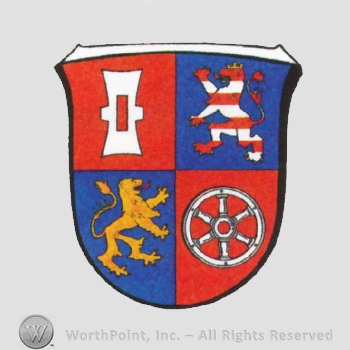 Heraldry: shield, lions, wheel.