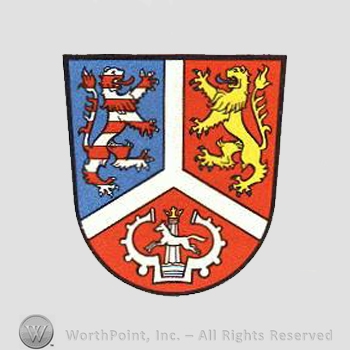 Heraldry: shield, lions, horse, pillar, horns.