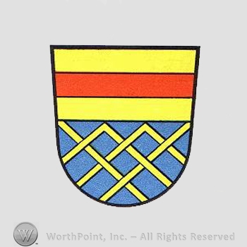 Heraldry: shield, red bar, yellow lines model.