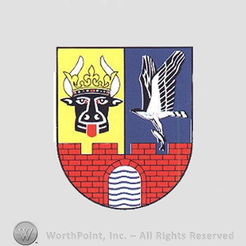 Heraldry: shield, bull head, crown, eagle, fish, castle walls, waving lines.