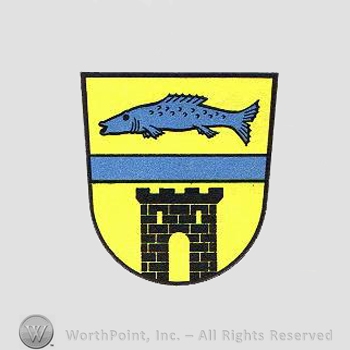 Heraldry: shield, fish, line, tower.
