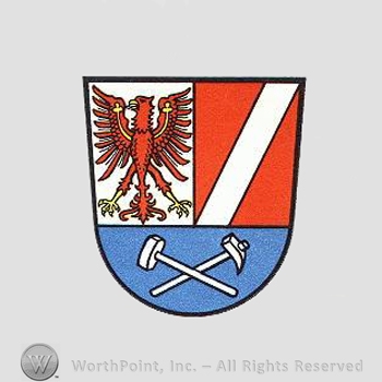 Heraldry: shield, eagle, hammers, line.