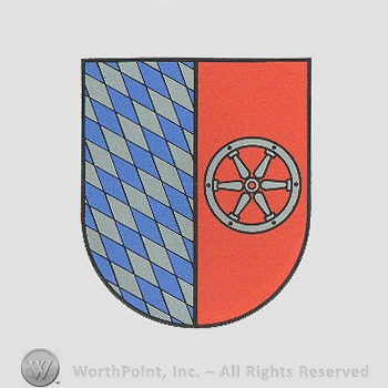 Heraldry: shield, diamonds pattern, wheel.