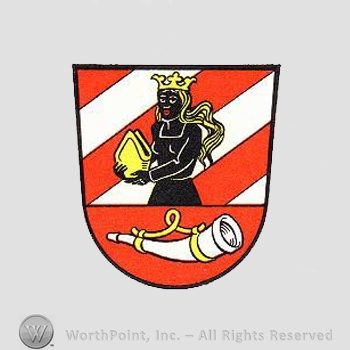 Heraldry: shield, horn, white lines, queen.