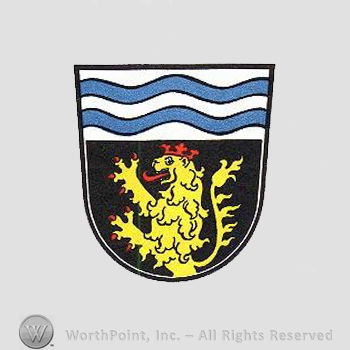 Heraldry: shield, lion rampant, blue waving lines.