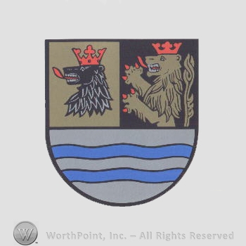 Heraldry: shield, wolf with crown, lion with crown, blue waving lines.