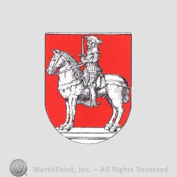 Heraldry: shield, horse, knight, sword.