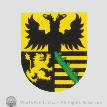 Heraldry: shield, double heads eagle, lion, ring and crown bar, yellow lines.