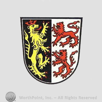 Heraldry: shield, lions, crown.