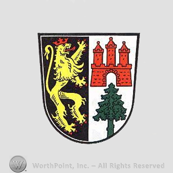 Heraldry: shield, lion, pine tree, castle.