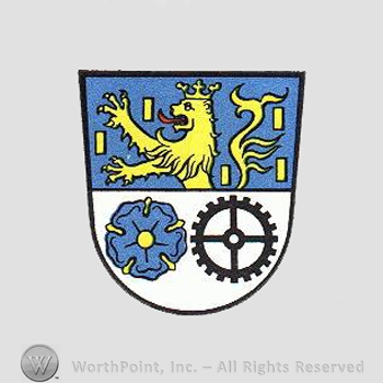 Heraldry: shield, rose, lion, gear wheel.