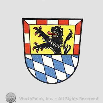 Heraldry: shield, lion, red and white rectangle, diamonds pattern.