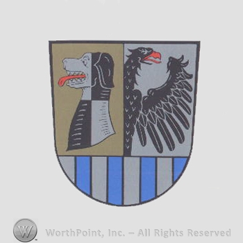 Heraldry: shield, eagle, dog head, blue lines.