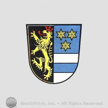 Heraldry: shield, stars, lion rampant, crown, white lines.