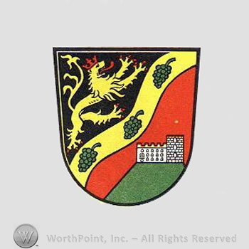 Heraldry: shield, lion, crown, grapes, castle.
