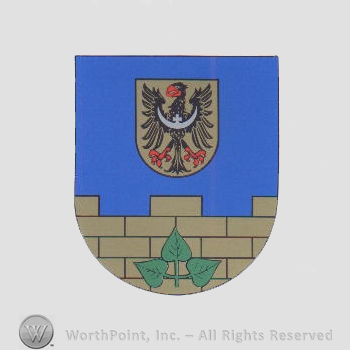 Heraldry: shield, eagle, leaves, bric wall.