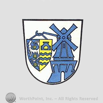 Heraldry: shield, windmill, small shield, eagle, flowers, wavy bars.