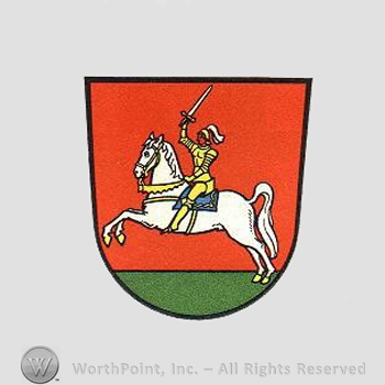 Heraldry: shield, horse, knight, sword.