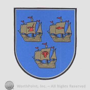 Heraldry: shield, three ships, plough, fish, bul head.