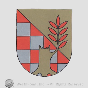 Heraldry: shield, tree trunk, branch, chequered field.