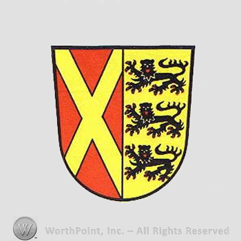 Heraldry: shield, cross, three lions.