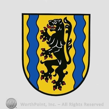 Heraldry: shield, lion, wavying blue bars.